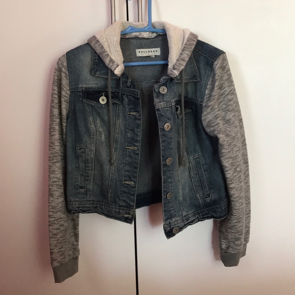 Denim jean jacket with sweatshirt sleeves and hood